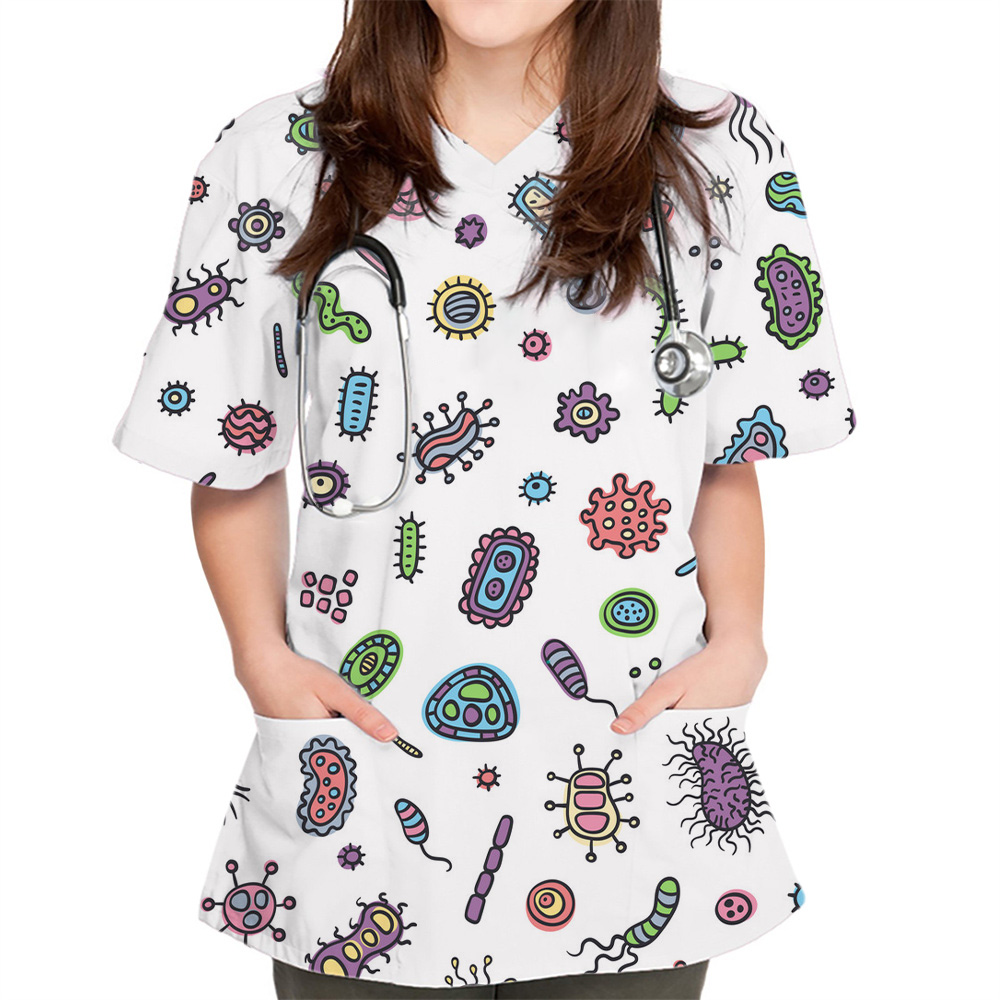 Medical Lab Uniform - New Women Tops Bacteriogram Print Pharmacist